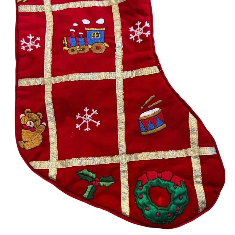 Decorative‎ Christmas Stocking Toys Tree Drum Snowflakes Gold Ribbon Red 18.5”